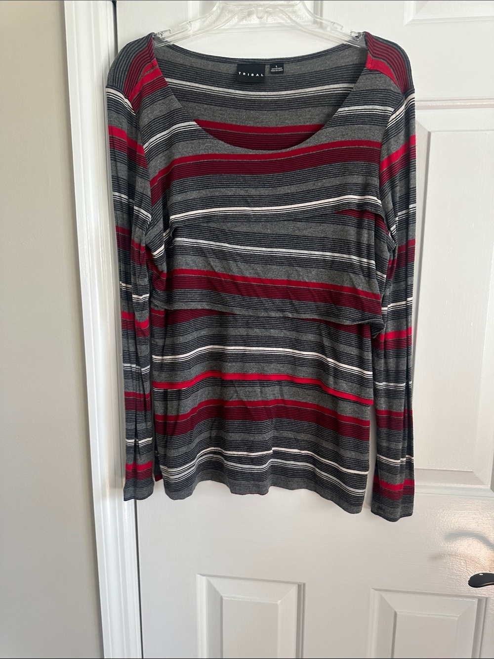 Tribal Women's Long Sleeve Scoop Neck Striped Top - Gray, Red & White
